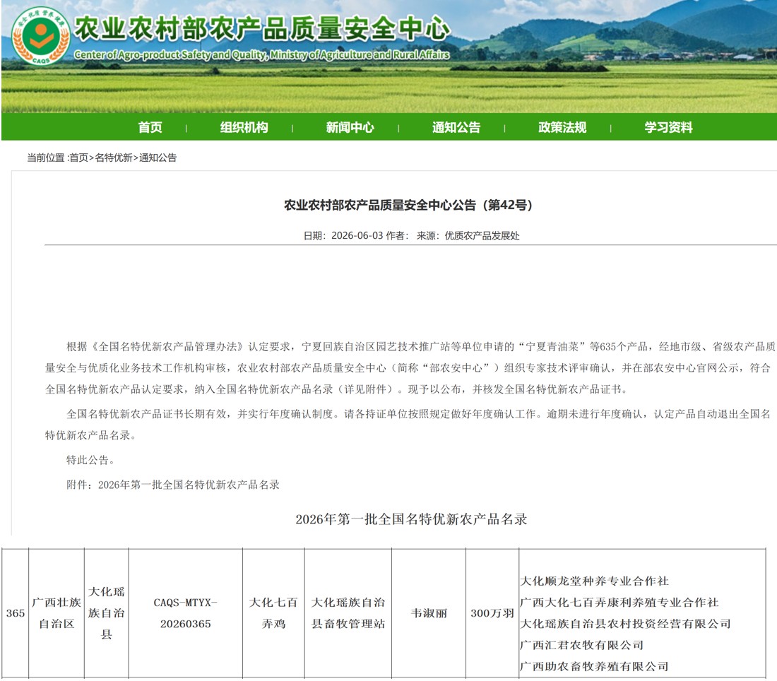 大化七百弄鸡荣获农业农村部推荐的优质农产品.jpg 大化七百弄鸡荣获农业农村部推荐的优质农产品.jpg